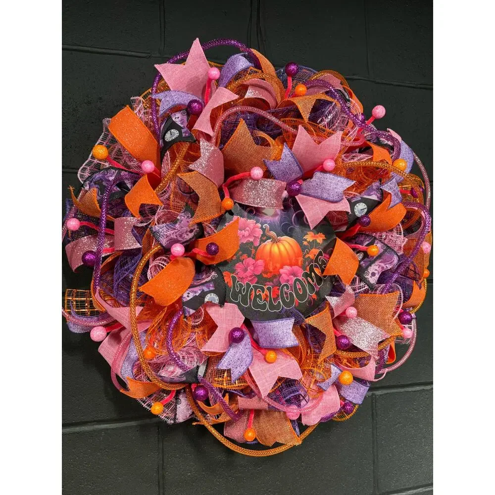 Fall Wreath For Front Door Halloween Pumpkin Orange Pink Purple Handmade 24 inch
